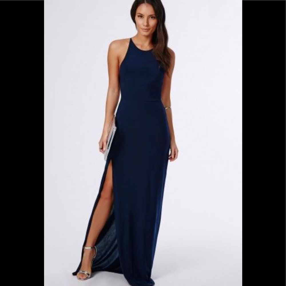 Missguided Nora High Neck Navy Maxi Dress